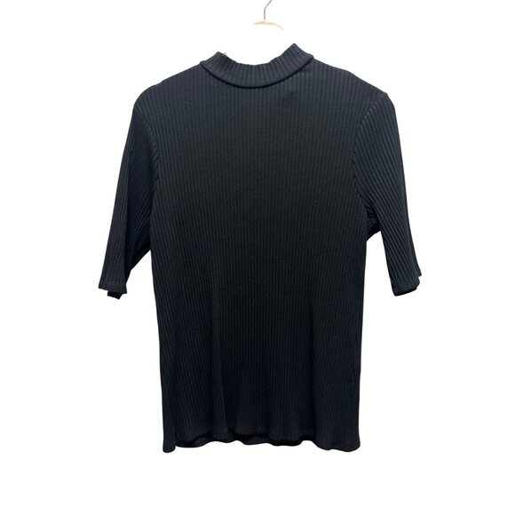 Chico's Black Label Black Ribbed Short Sleeve Gold Back Zipper Mock Neck Top - Picture 3 of 7